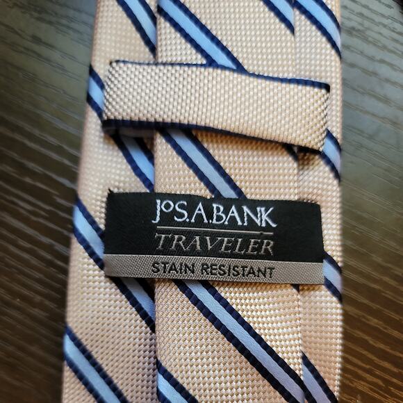 JOS. A. BANK Traveler Men's 100% Silk Necktie Designer Striped Blue/Tan EUC - Picture 4 of 7